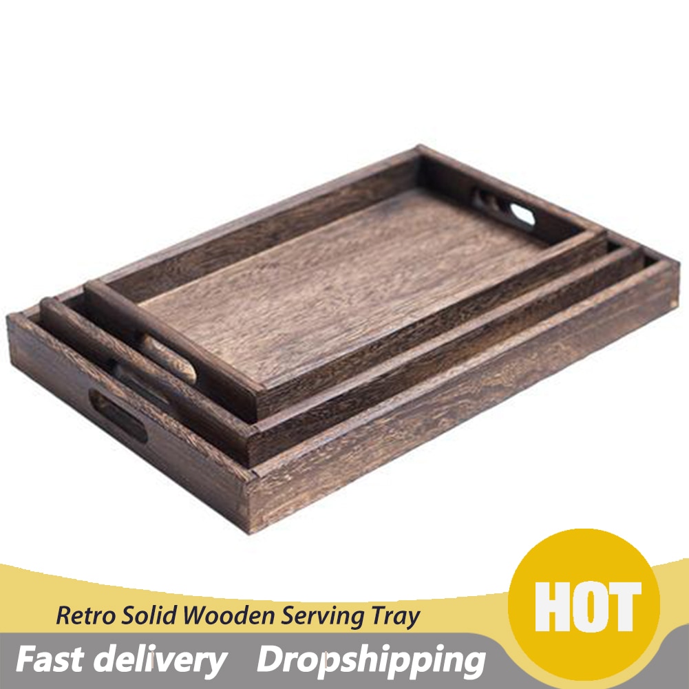 Retro Solid Wooden Serving Tray Tableware Dinner Breakfast Tea Holder Tray Rectangular Fruit Plate Snack Plates For Home Hotel