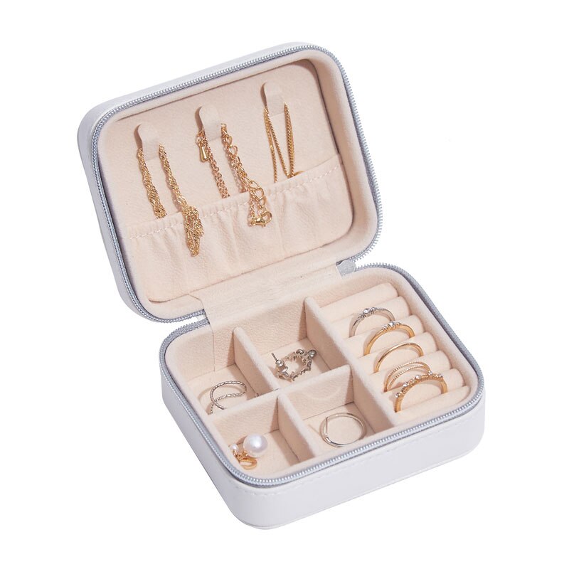 joyero portátil de , anillo organizador de cadena con tachuelas, Caja de almacenaje para maquillaje, contenedor de belleza, collar, de cumpleaños: mini White