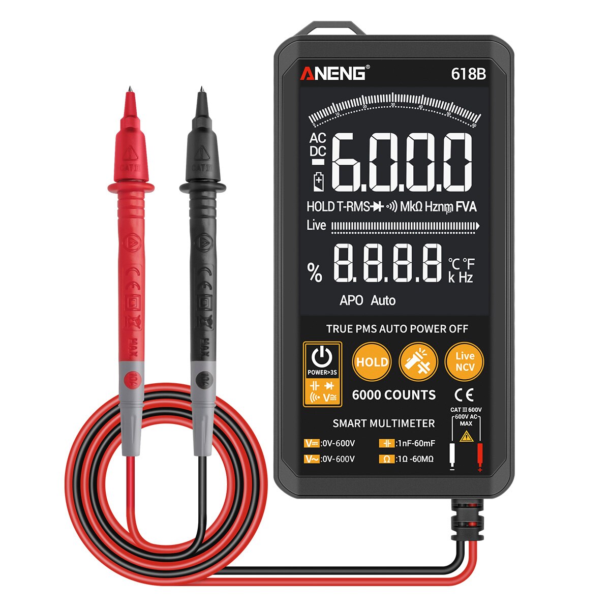 digital multimeter kontinuitet true rms bakgrunnsbelyst autoranging multimeter ac / dc spenningstester kapasitansmåler: 618b