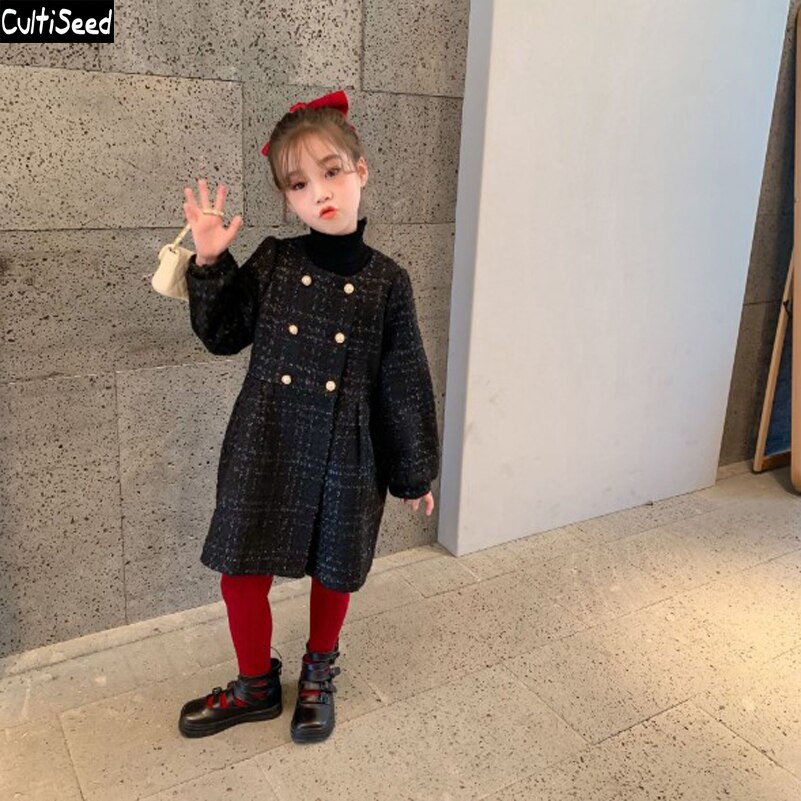 Cultiseed Girls Autumn Wintern Wool Blends Long Outerwear Coats Baby Children Double Breasted Long Sleeve Plaid Coats Kids Jaket