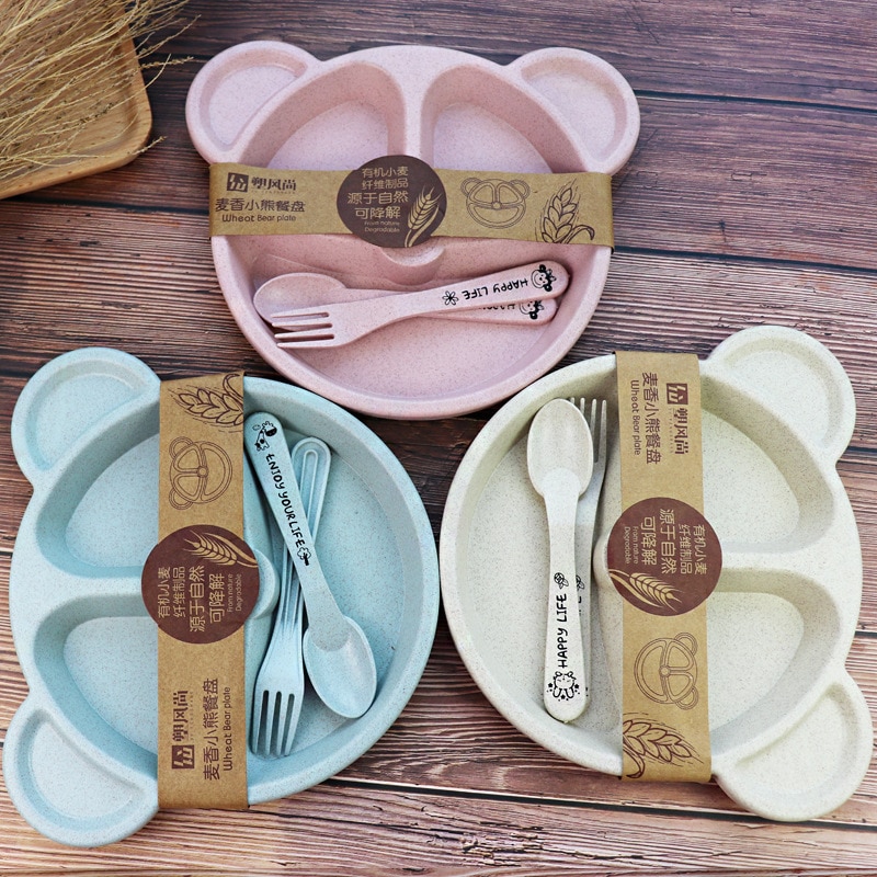 Baby Wheat Straw bowl+spoon+fork Feeding Food Tableware Cartoon Bear Kids Dishes Eating Dinnerware Set Anti Training Plate