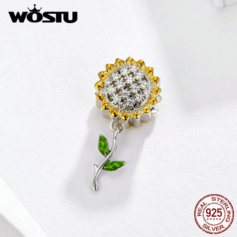 Colgante de girasol wastu de plata de ley 925, cuentas de esmalte amarillo aptas para Pulsera Original, colgantes para fabricación de joyas CQC1211