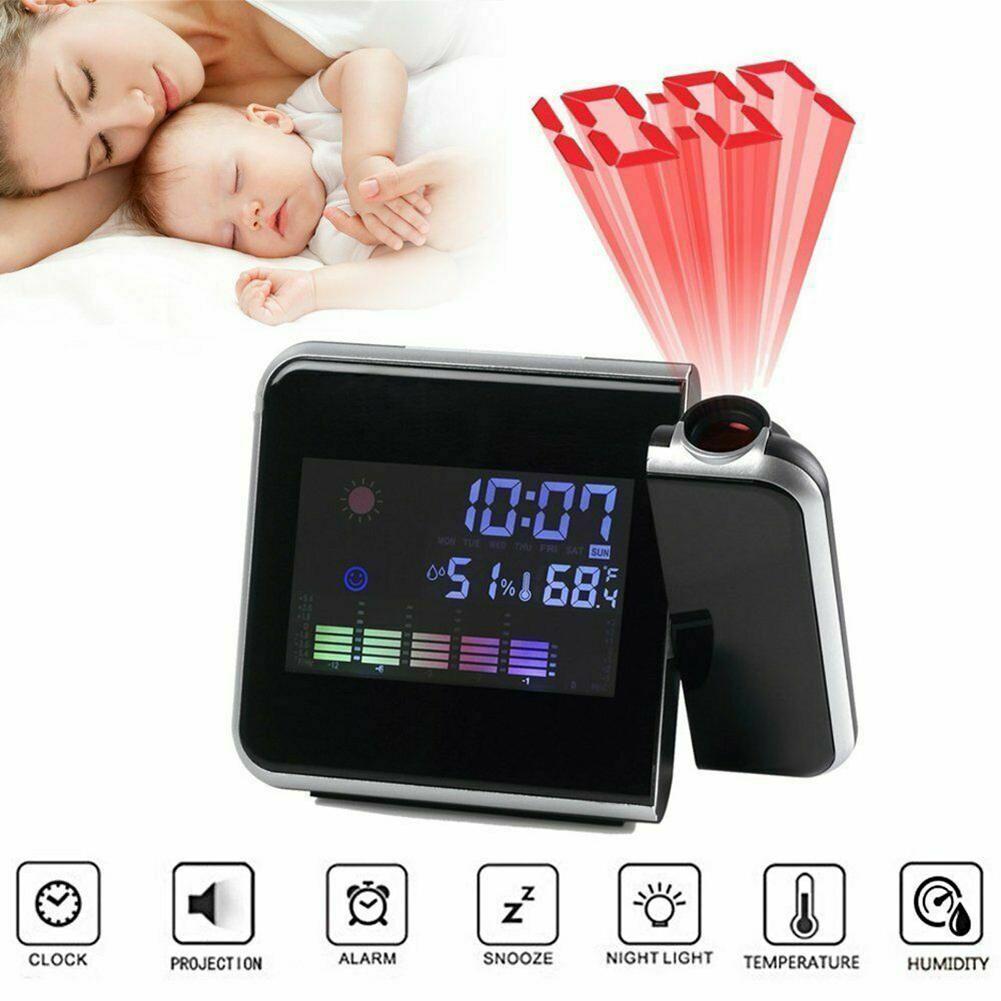 Intelligent LED Digital Projection Alarm Clock LED Screen Home Weather Thermometer Snooze Table Time Date Display Calendar USB