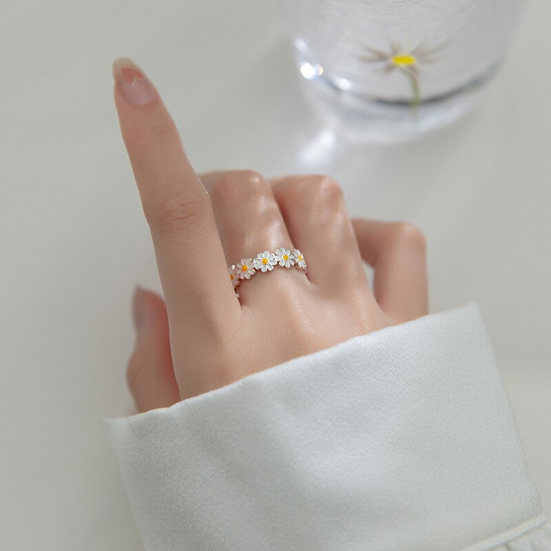 Echt 925 Sterling Zilveren Sieraden Lente Daisy Bloem Ring Vrouwen Koreaanse Stijl Verstelbare Opening Finger Ring Party