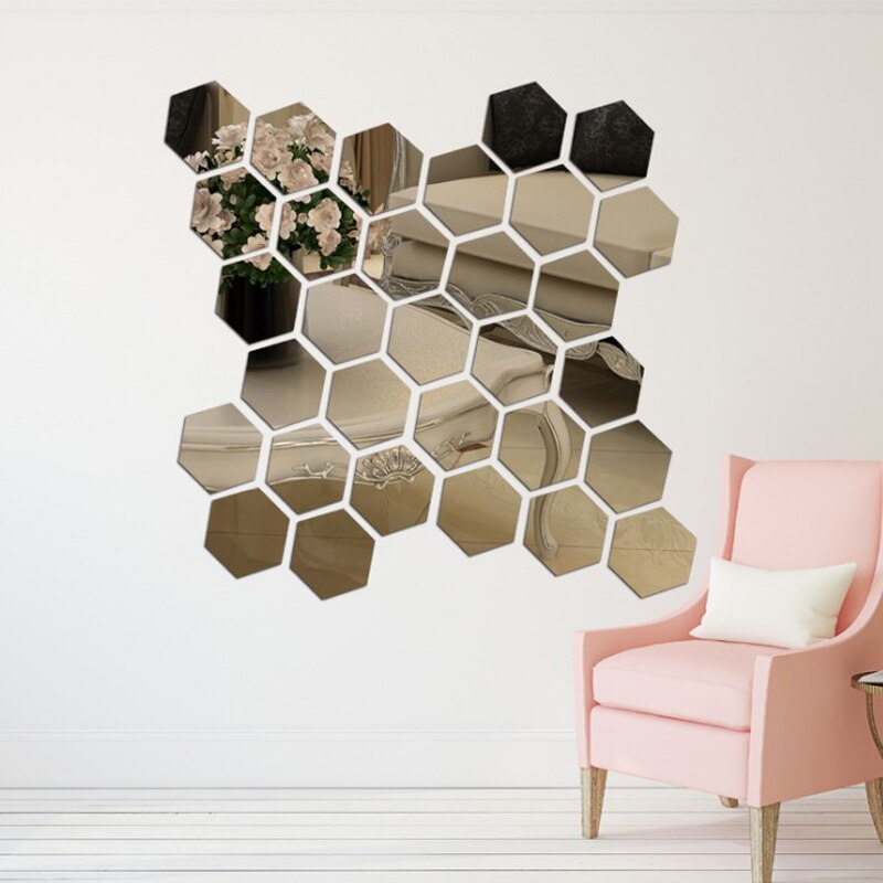 12 Pièces 3D Hexagone Miroir Stickers Muraux Acrylique Amovible BRICOLAGE Art Décoration Murale Autocollants Décor À La Maison Salon Miroir Décoratif