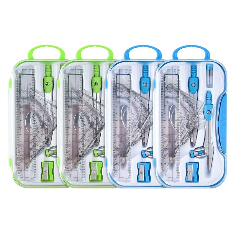 4 Set Math Geometry Kit Sets 10 Piece Drawing Tool Set Student Supplies with for Drafting and Drawings: Blue Green