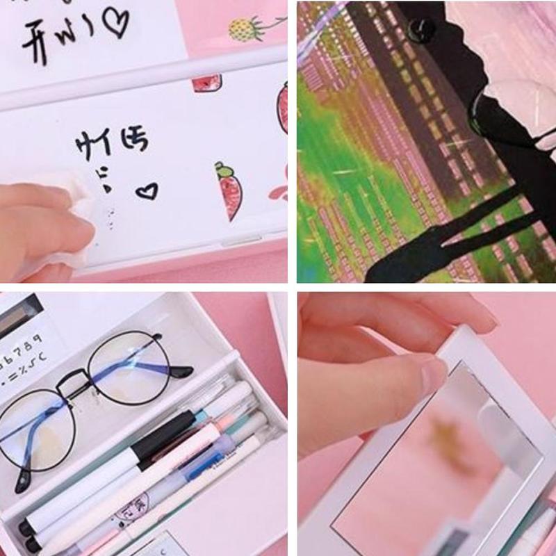 1pcs Multi-function Pencil Case Pencil Box Pen Calculator With Pen Reusable Whiteboard Stationery Erasable Mirror K9L2