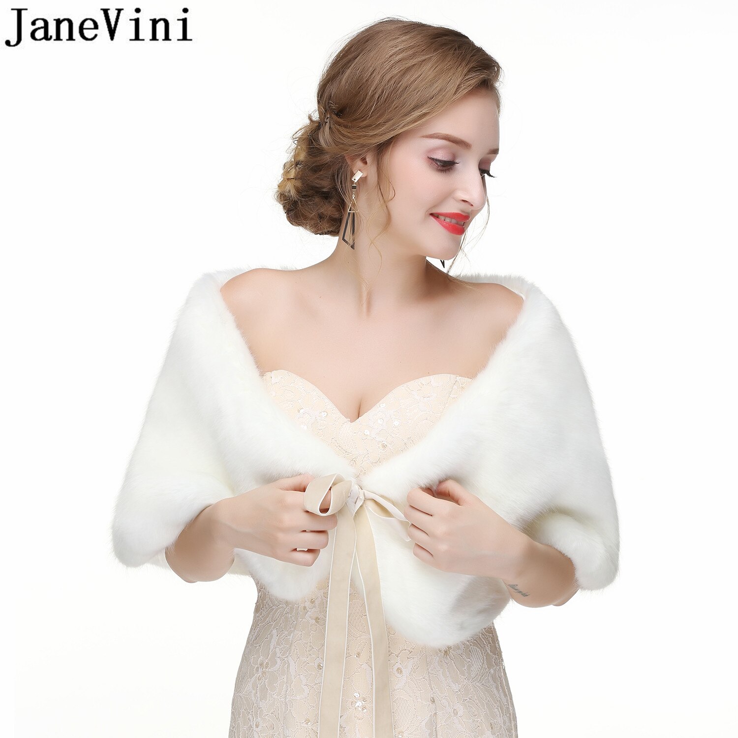 Janevini Elegante Zachte Faux Fur Shawl Vrouwen Bruiloft Capes Bruids Jas Wraps Grijs Lace Up Bont Stola Formele Bolero Fourrure mariage