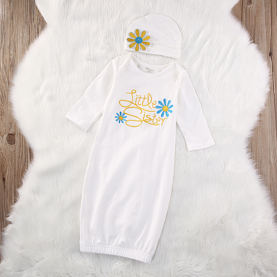 Langarm Kleine Schwester Neugeborenen Kleinkind Baby Mädchen Blume Stickerei Outfit Baby Kleid Hütte 2Stck einstellen