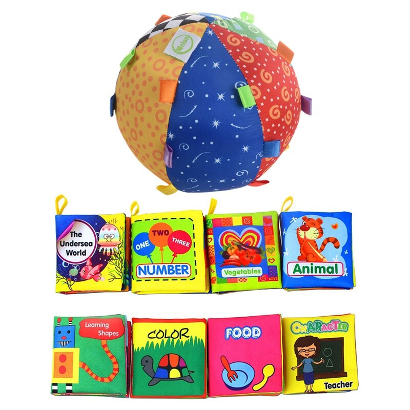 8x Del Bambino's Primi Non Tossico Morbido Libro di Stoffa Set Piega, multicolor & 1x Bambino Palla Colorata Sfera Sensoriale Giocattolo Morbido Anello Campana