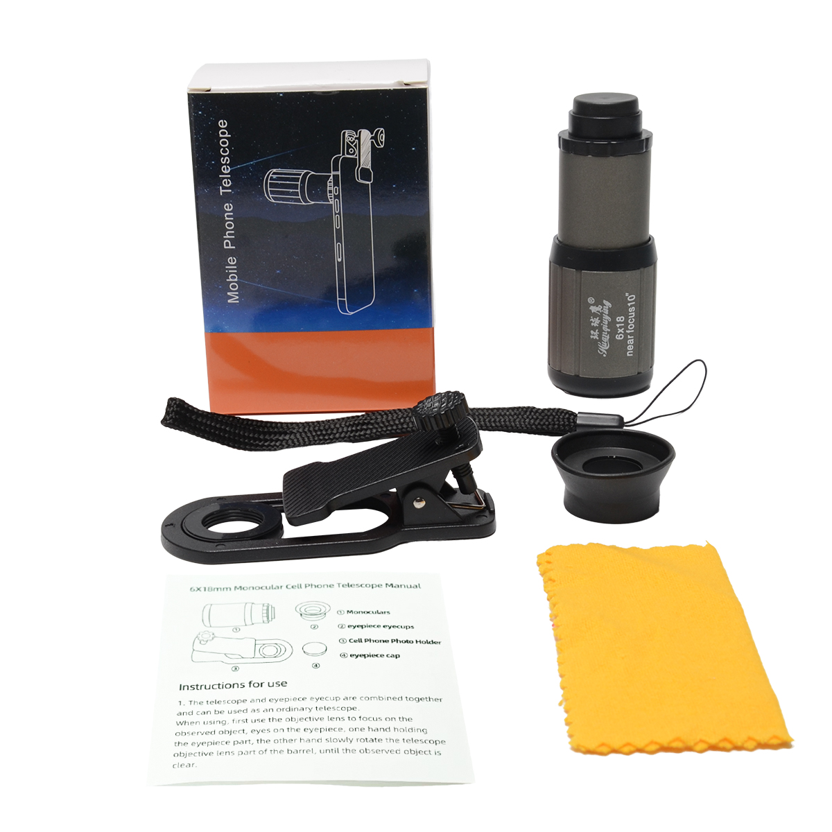 HD 6X Telefonobjektiv Kamera Telezoom Monokular Teleskop Teleskopfokus Kompaktes Min-Objektiv + SelfieTripod für alle Smartphones: Grau