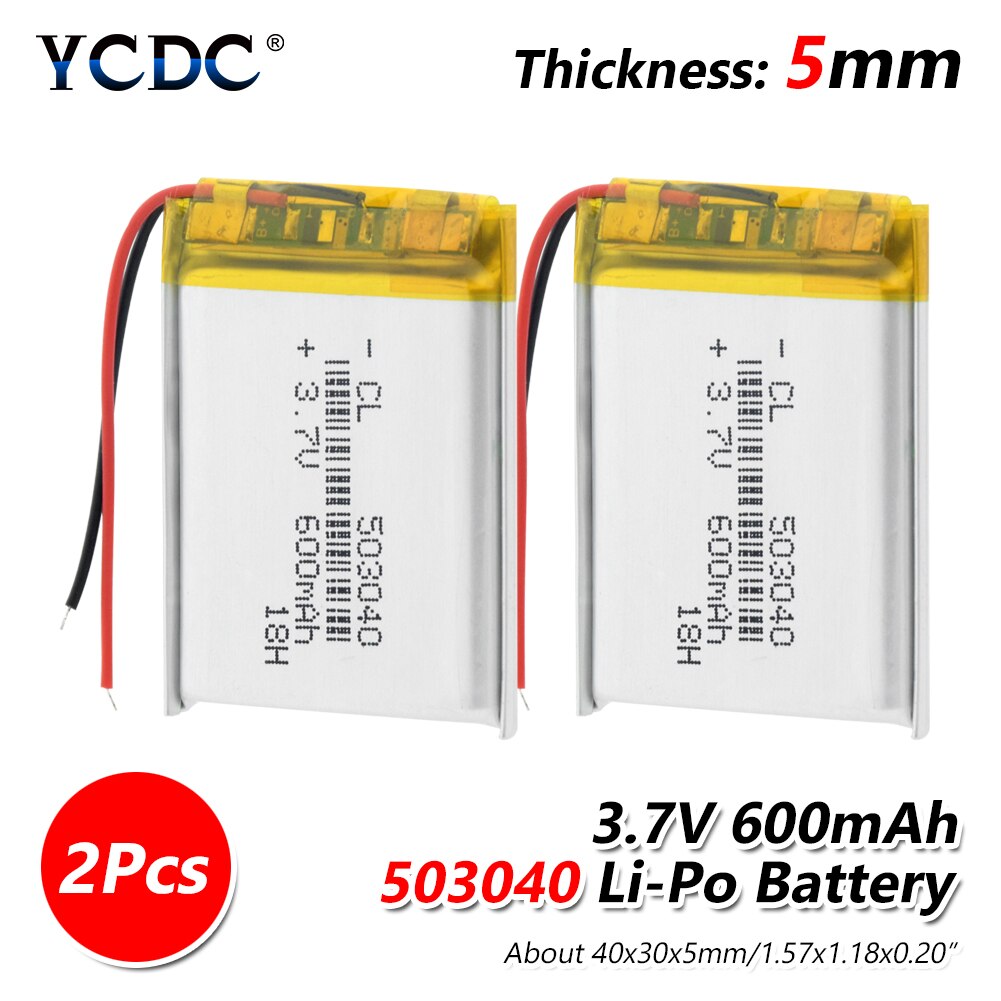 503040 3.7V 600mAh 053040 Lithium Polymer Li-Po li ion Rechargeable Battery For Mp3 MP4 MP5 GPS DVD Toy LED Light Headphone: 2Pcs