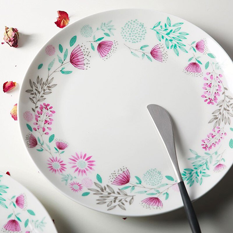 Servies Bone China Plaat Schotel Op-geglazuurd Bloemen Bloem Gedrukt Ronde Platen Steak Taart Witte Schotel prijs