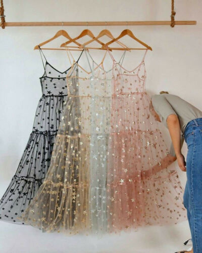 Womens Lace Mesh Spaghetti Straps See Through Cover Sexy See Through Baggy Ladies Stars Beach Bling Bling Long Dress