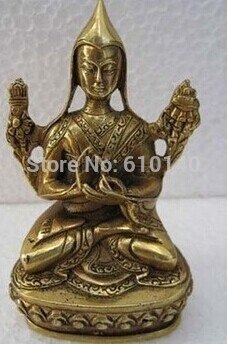 Messing Little Tsongkahpa Guru Boeddha Tibet Bronzen Standbeeld Beeldje