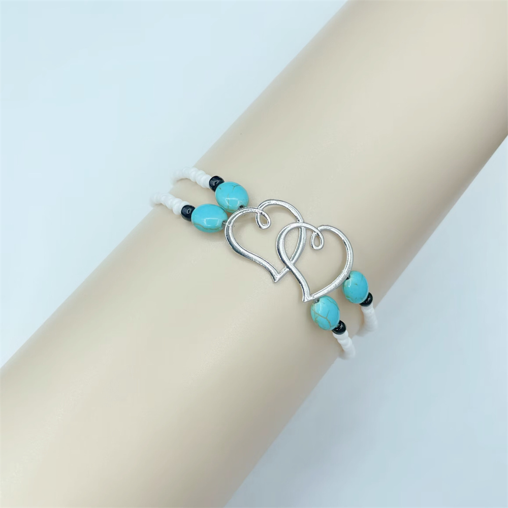 Jahrgang Schicht Perlen Hohl Doppel Herz Fußkettchen für Frauen Weibliche Böhmen Harz Perlen Kette Silber Farbe Strand Knöchel Fuß Schmuck