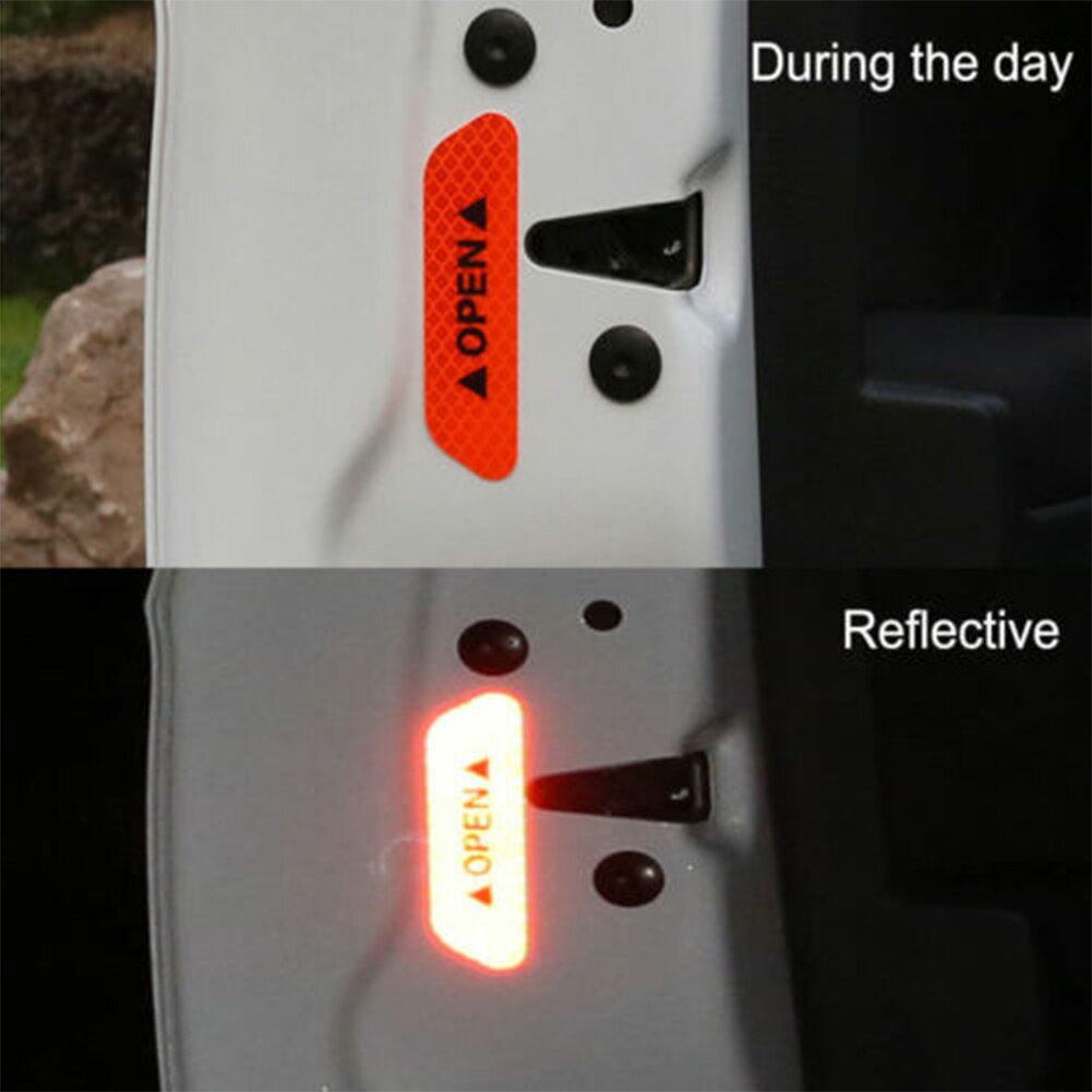 4Pcs Adhesive Car Door Open Reflective Sticker Warning Tape Warning Mark Decal Bumper Strip Safety Driving Auto Accessory