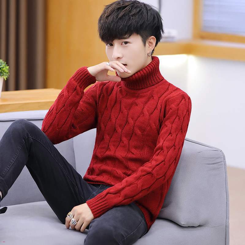 Mens Turtleneck Sweaters and Pullovers Winter Casual Solid Knitted Turtleneck Wool Sweater Men Pullover Homme: Burgundy / M