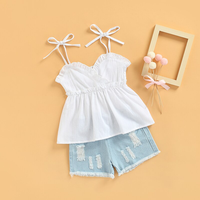 1-6Y Fashion Toddler Baby Girls Summer Clothes Sets Solid Sleeveless Ruffle Tops Ripped Denim Shorts 2pcs Kid Outfit