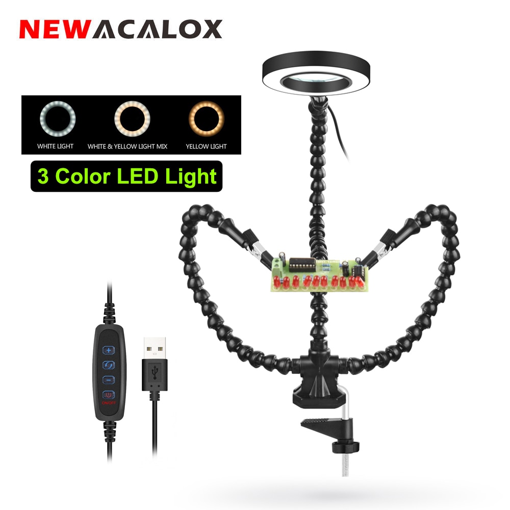 Newacalox juotosteline 3x led suurennuslasi pöytäkiinnike pcb hitsaus kolmannen käden apukäsityökalu juotoskokoonpanon korjaukseen