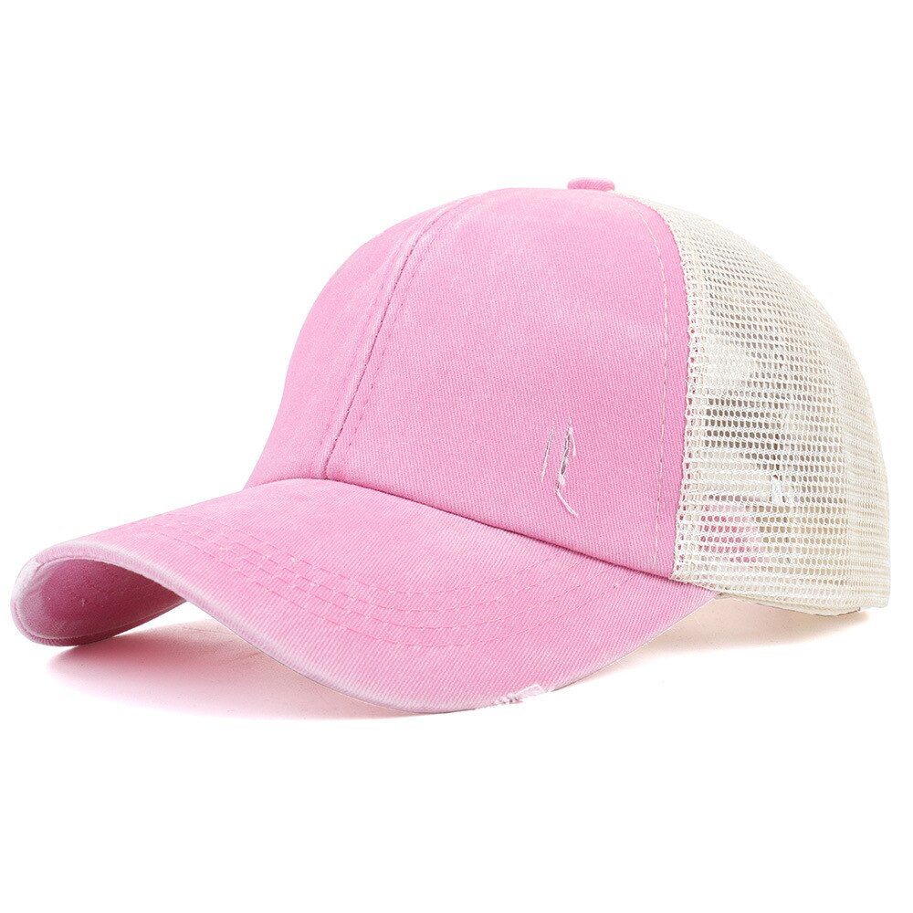 Women's Wash Cap Casquette Light Board Retro Ponytail Baseball Cap Cotton-Padded Cap Ripped Hole Cross Cap: Pink 1