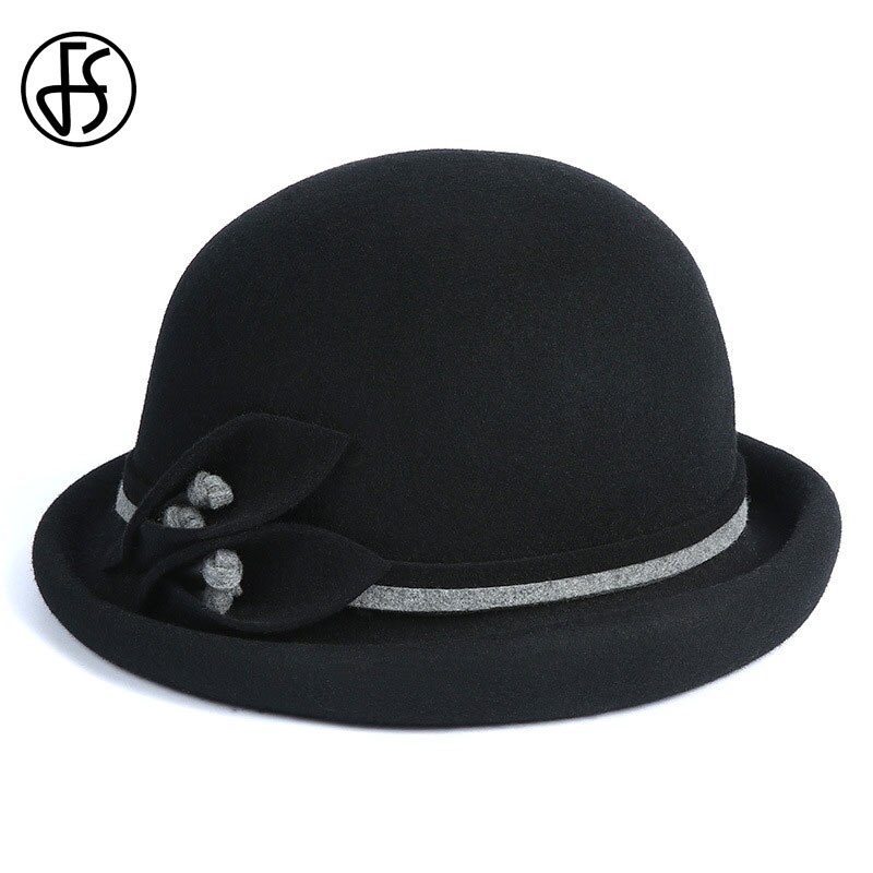 FS Winter Women Fedora Hat Wide Brim Wool Felt Bowler Hats Chapeau Femme Feutre Cloche Ladies Black Khaki Church Caps
