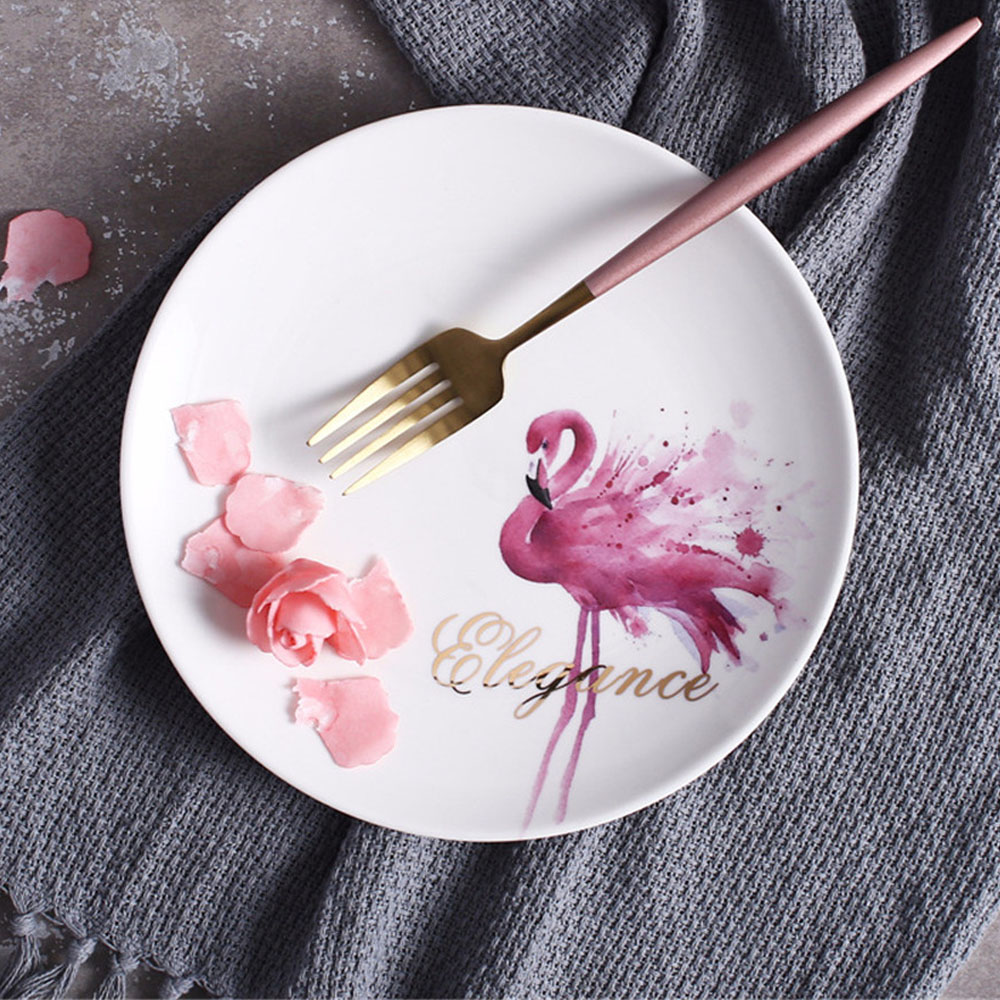Keramisk tallerken flamingo mønster vestlig biff nudler dessert retter tallerkener rundt oppbevaringsbrett hjem dekorasjon 20cm