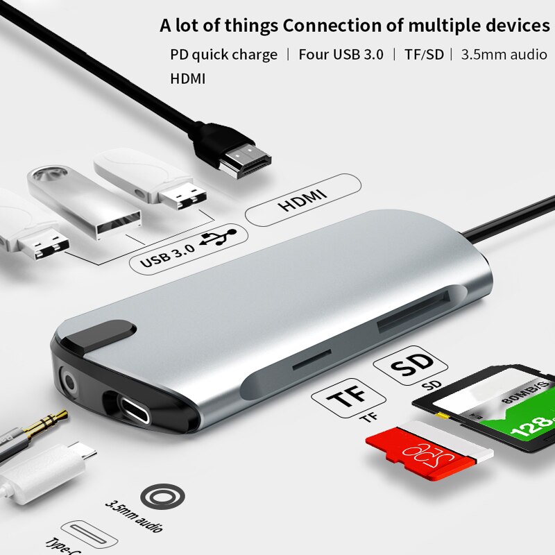 8-In-1 USB Hub to Type C Data Hub with 8-Port SD/TF/USB 3.0 HDMI Reader Type C PD Charging and 3.5mm o