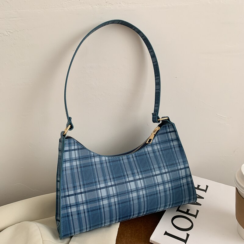 Baguette Shape Women Handbag Female Plaid Striped Shoulder Bag Luxury Underarm Bag Clutch Phone Bags Daily Tote: Blue