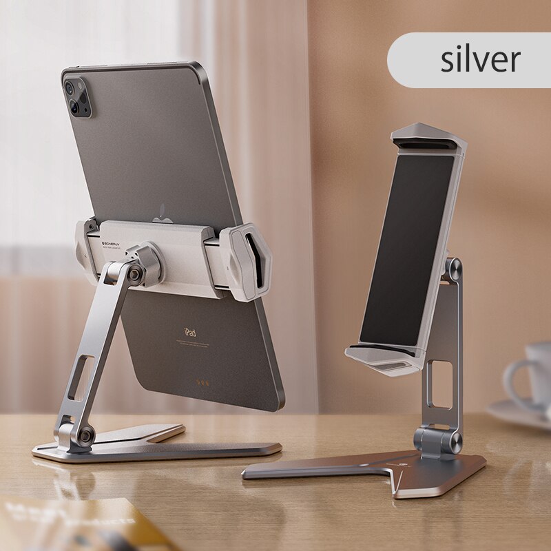 Metal Desktop Tablet Holder Table Cell Foldable Extend Support Desk Mobile Phone Holder Stand For iPhone iPad Adjustable: Silver