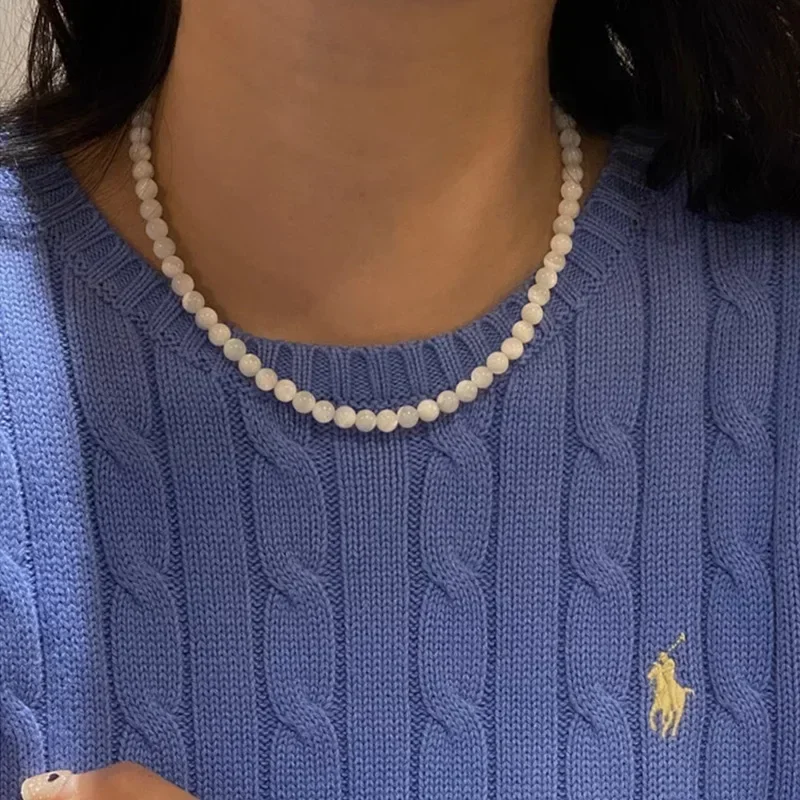 Minar 4 6 8mm klar hvid farve rund halskæde med naturlige muslinger og perler til kvinder forsølvet kæde med perler og halskæder: Rødbrun