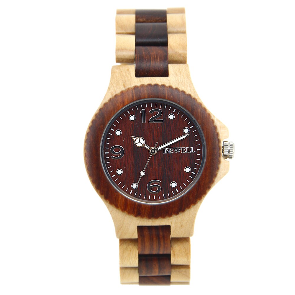 Reloj de granos de madera BEWELL para hombres y mujeres, relojes de Madera hechos a mano, movimiento de cuarzo Luminouse, madera de sándalo rojo de Arce, de San Valentín 038A