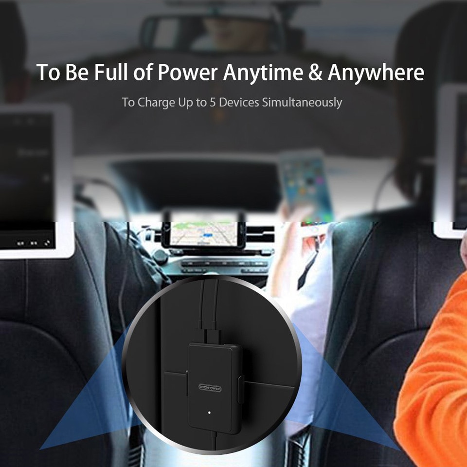 NTONPOWER 5 Häfen USB QC 3,0 Auto Ladegerät mit 1,8 m Verlängerung Kabel mit Abnehmbarer Clip Für praktisch Tablette GPS Auto-Ladegerät