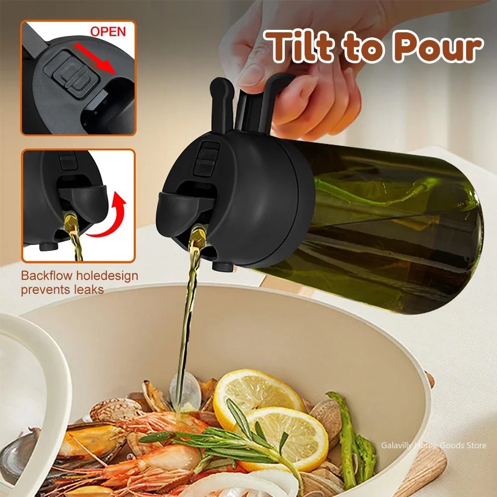 Pulverizador de aceite oscuro con bloqueo de luz de 16oz/470ML para cocinar, botella dispensadora de aceite de oliva 2 en 1 para cocina, botella de aceite de vidrio verde oscuro