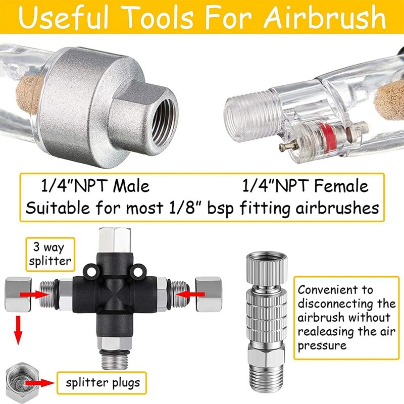 4Pcs Airbrush Adapter Set, 6 Ft Braided Air Hose, 3 Way Airbrush Air Hose Splitter Manifold Airflow Adjustment Coupler