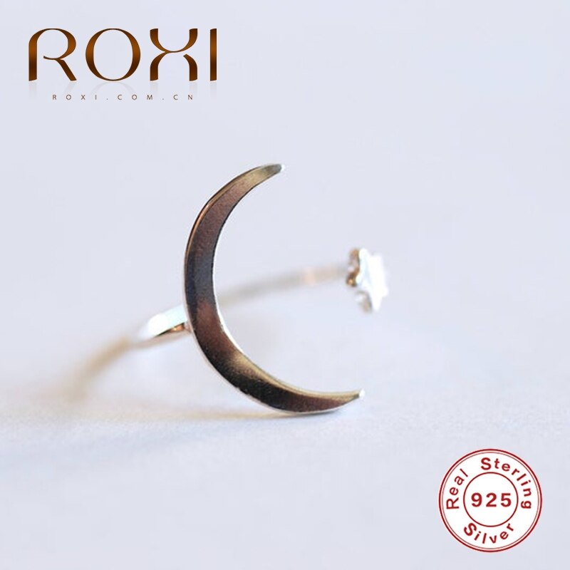 Anillos abiertos de estrella simétricos ROXI Moon para mujeres Anillos de plata de ley 925 joyería Bague bisutería para mujer Luna anillo abierto de plata