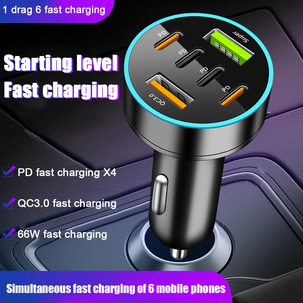 Cargador rápido para coche con pantalla Digital, 6 puertos, 4 A + 2 USB tipo C, 66W, carga rápida para Xiaomi, IPhone y