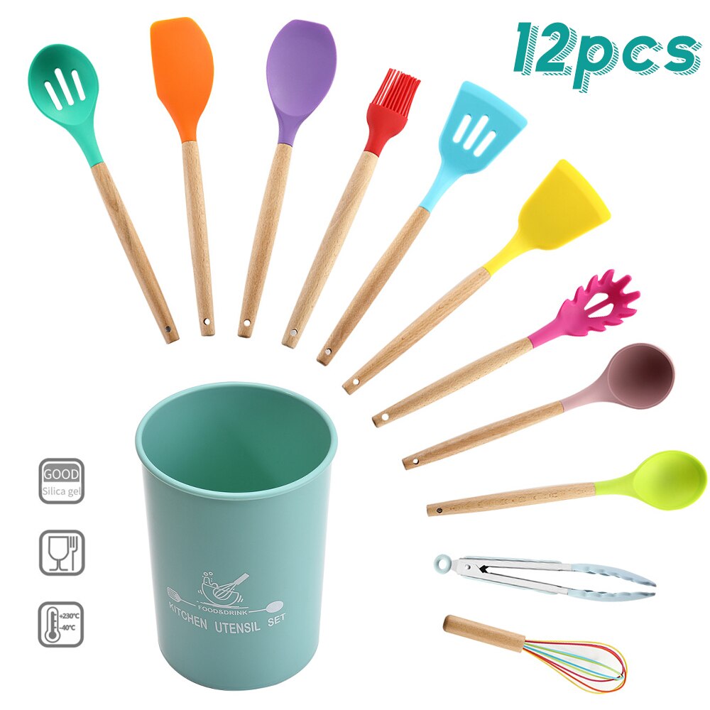 12pcs Kitchen Silicone Cooking Utensils Set High Temperature Resistance Non-stick Spatula Shovel Wooden Handle with Storage Box