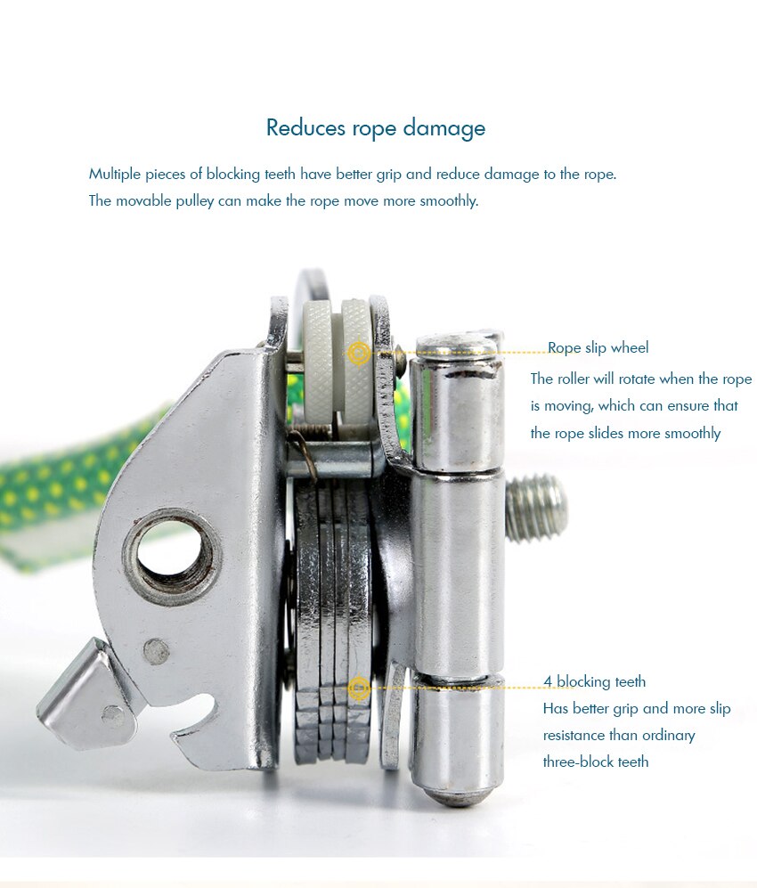 Manual Rope Grab Hook with 60cm Shock Absorbing Lanyard- Fits 16mm Rope, Load 3800KG, for Fall Protection, Tree Climbers