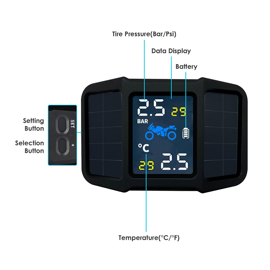 Moto Auto Inspection outils LBD-4 USB solaire charge moto TPMS système d'alarme en temps réel alarme vocale pneu w/ 2 capteurs