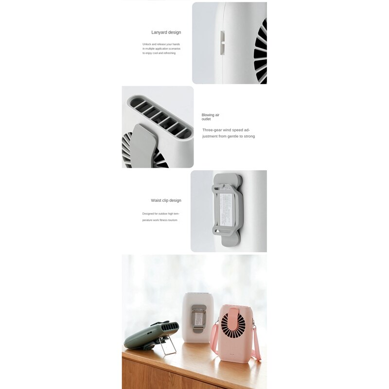 Tragbarer mini-ventilator mit gürtelclip, usb-wiederaufladbar, mit aufhängeschnur und powerbank
