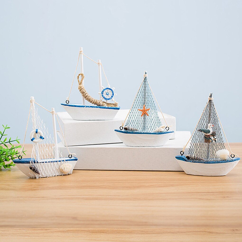 1pc mini middelhavsstil marine nautisk træ blå sejlbåd skib træ håndværk ornamenter festlokale boligindretning