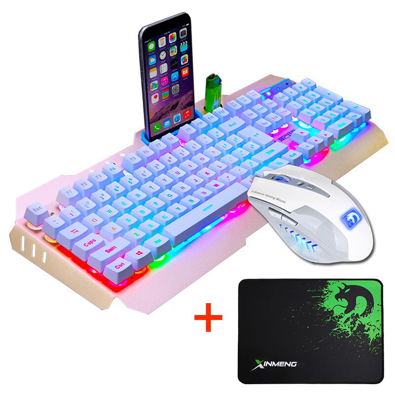 Wired LED Backlit Multimedia Ergonomic Usb Gaming Keyboard Mouse Combo illuminated 2000DPI Optical Gamer Mouse Sets + Mouse Pad: White Rainbow Light
