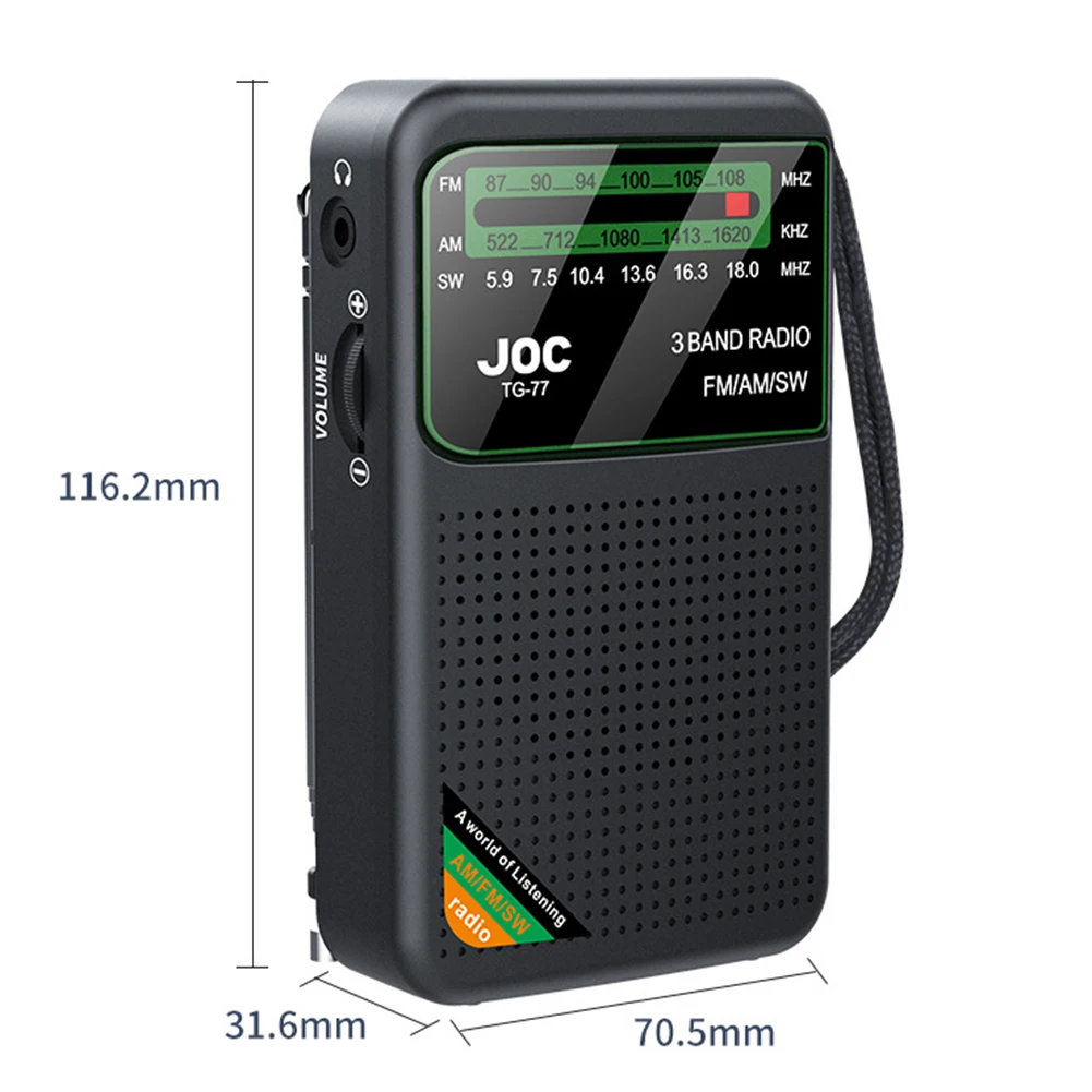 Radio portátil de banda completa, Radio recargable de mano de 3W y 1000mAh con recepción Superior, Mini Radio negra para personas mayores