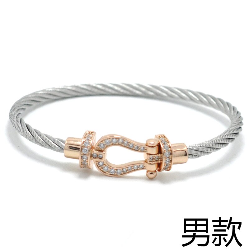 Titanium Steel Wire Rope Magnetic Buckle-encrusted Zircon Bracelet: Silver Rose Gold Men