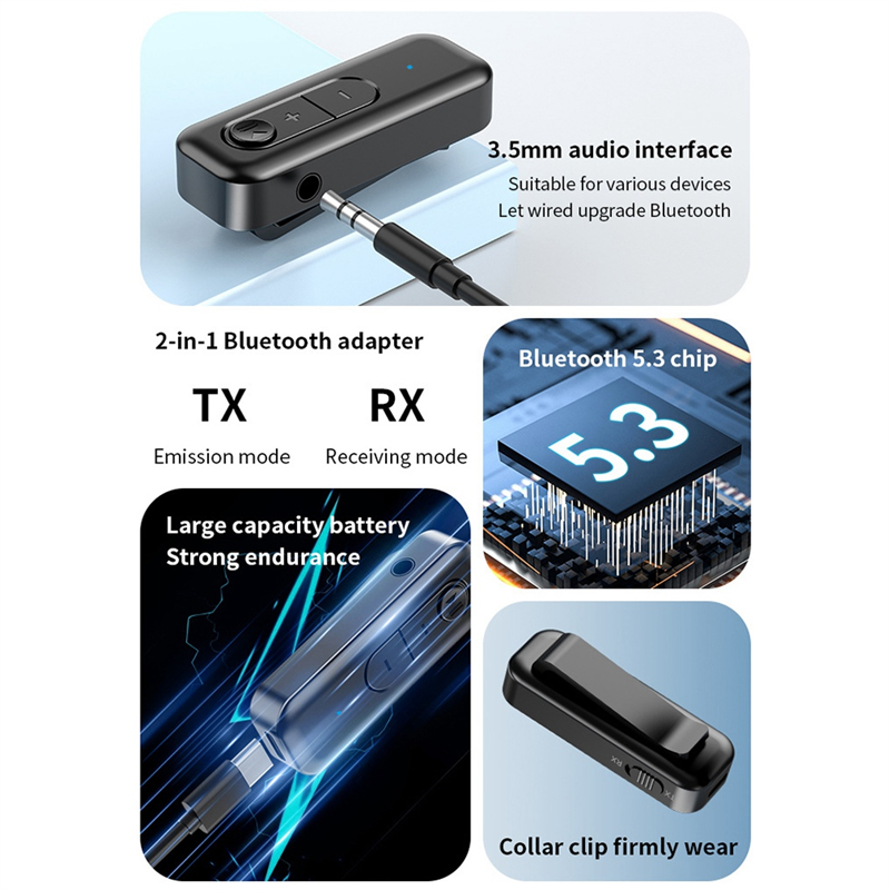 Adattatore audio cabe-bluetooth 5.3 con ricevitore trasmettitore e 3.5mm ingressi ausiliari con microfono per musica stereo, compatibile con cuffie, pc, tv e altoparlanti per auto.