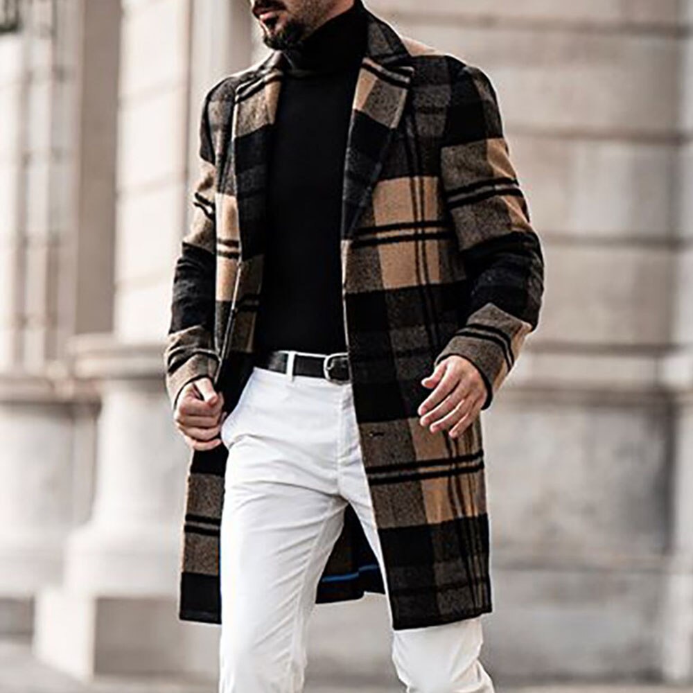 European Men Coat Double-Breasted Color Block Pocket Lapel Long trench oversize outwear casual office jacket winter thin