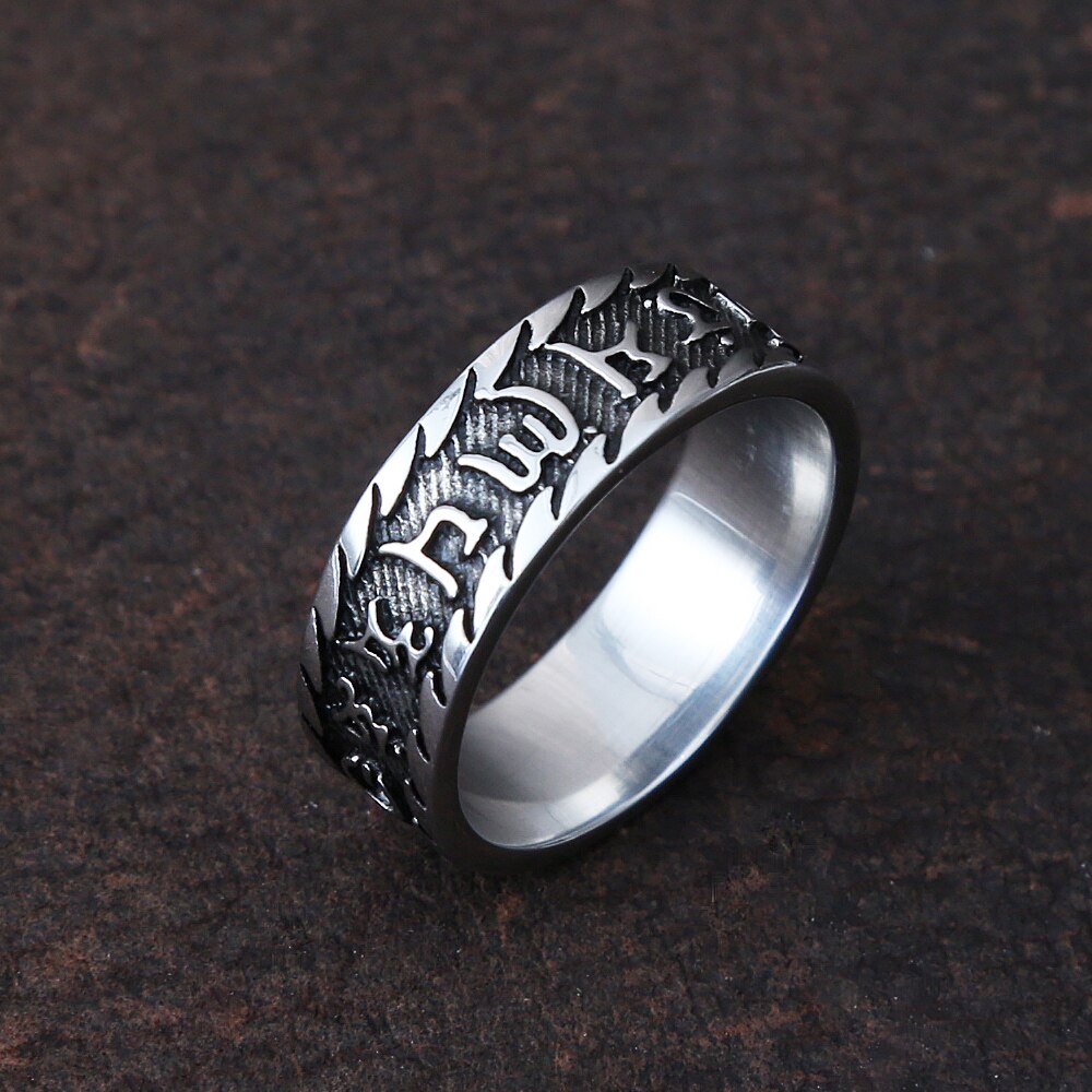 Retro Stainless Steel Six-Character Mantra Rings For Men Punk Feng Shui Amulet Lucky Ring Men Women Jewelry Party Best