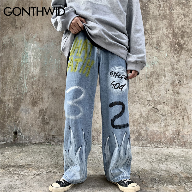 Gonthwid graffiti brand flamme print casual baggy denim jeans hip hop hipster streetwear bukser mænd punk rock bukser mand