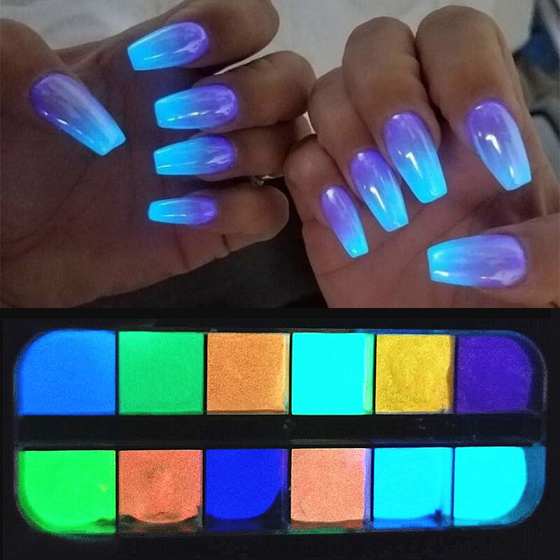 1 låda fluorescerande nagelpulver neonfosfor färgglad nagelkonst glitterpigment som håller längst 3d glödande självlysande dammdekorationer: 08 12 galler